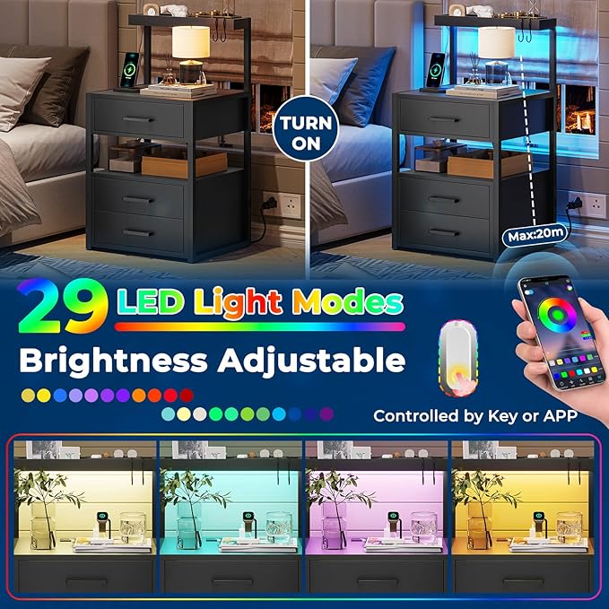 AOGLLATI Nightstand Set of 2 with Charging Station and LED Lights, Bedside Table with 3 Drawers and Open Storage Shelves, 2 USB Ports and 2 AC Outlets, LED Night Stand for Bedroom, 2 Pack, Black