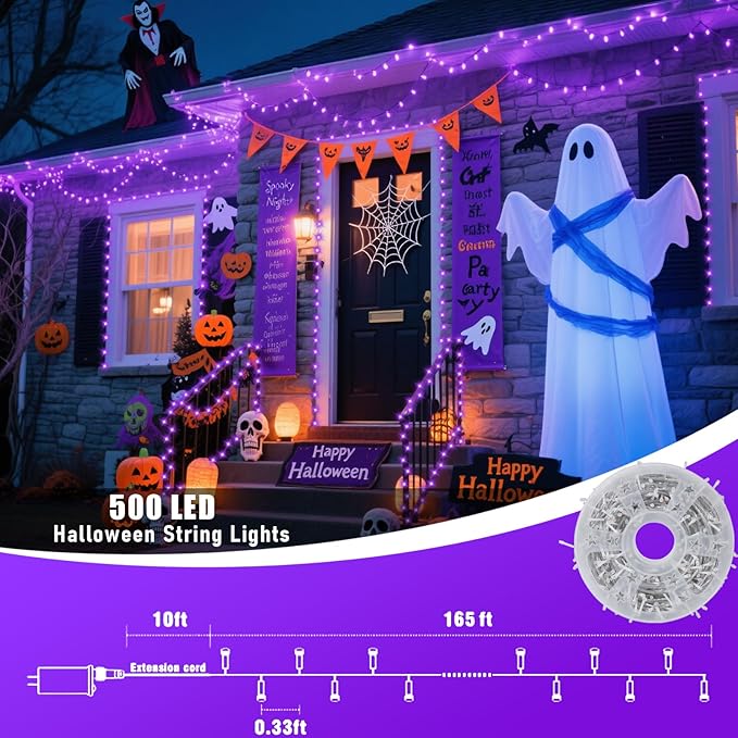 QITONG 165ft 500 LED Purple Halloween Lights Outdoor, Clear Wire String Lights Plug-in, 8 Modes Christmas Lights Indoor