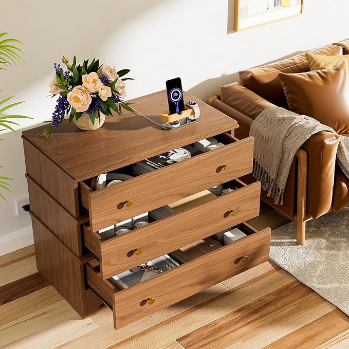3 Drawer Nightstand with Charging Station,28" Farmhouse Night Stand & Modern 3 Drawer Dresser,Wood Nightstands Storage Cabinet for Bedroom Hallway, Entryway, Home Office, Brown Set of 2