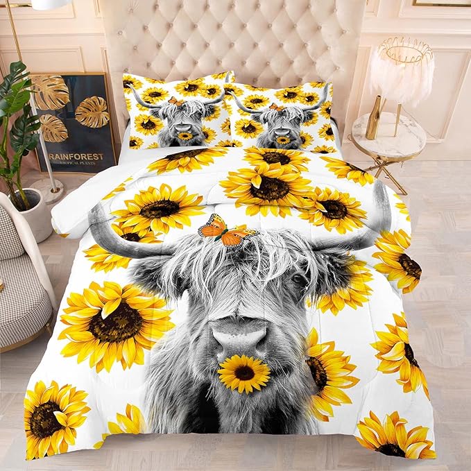 Tailor Shop Western Highland Cow Bedding Set Queen Size Sunflower Highland Cattle Wild Animal Cow Print Comforter 3 Pcs Sets with 1 Comforter 2 Pillowcases…