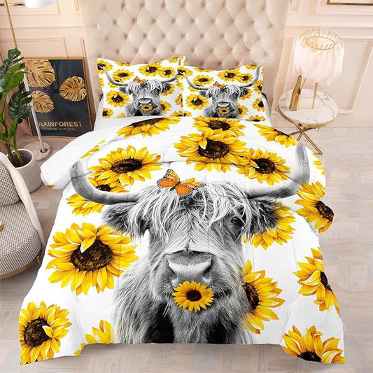 Tailor Shop Western Highland Cow Bedding Set Queen Size Sunflower Highland Cattle Wild Animal Cow Print Comforter 3 Pcs Sets with 1 Comforter 2 Pillowcases…
