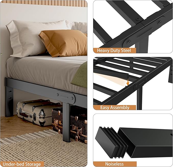 King Bed Frame Black, 14 Inch Metal King Size Bed Frame No Box Spring Needed, DIY Headboard Holes, Heavy Duty Steel Support 3500 LBS, Noiseless, Round Corner Legs, Storage Space, Easy Assembly