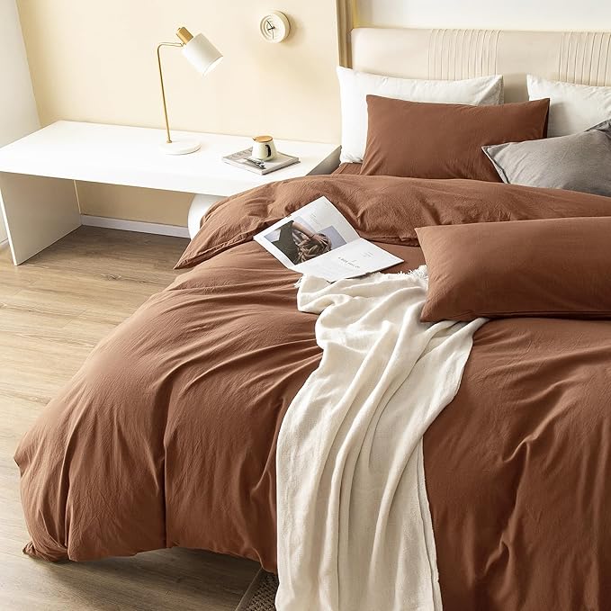 JIYUAN 100% Washed Cotton Duvet Cover Set 3 Pieces Queen, 1 Duvet Cover 90x90 Inches(Comforter Not Included) and 2 Pillowcases,Linen Feel Bedding Set Comfy and Breathable,Burnt Orange