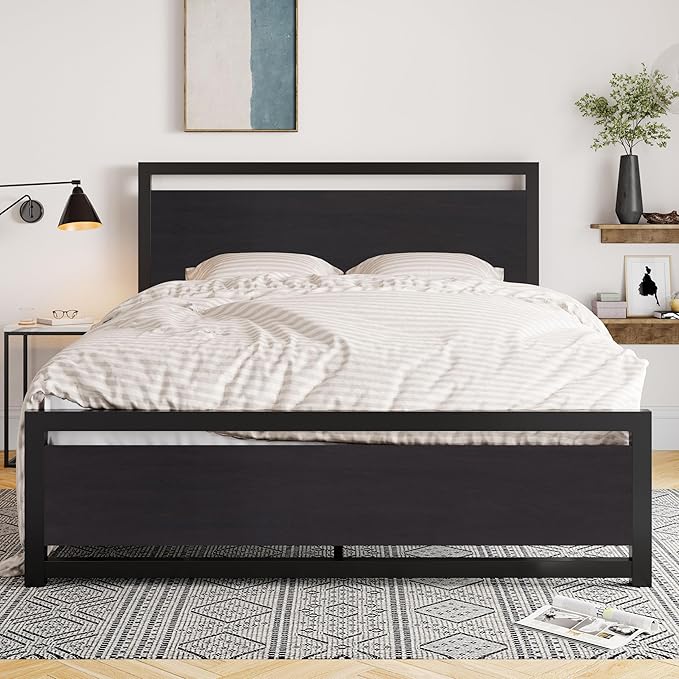 Allewie Queen Bed Frame with Headboard, Heavy Duty Metal Platform Base with Strong Support, Underneath Storage Space, Stable Mattress Foundation, No Box Spring Needed, Black