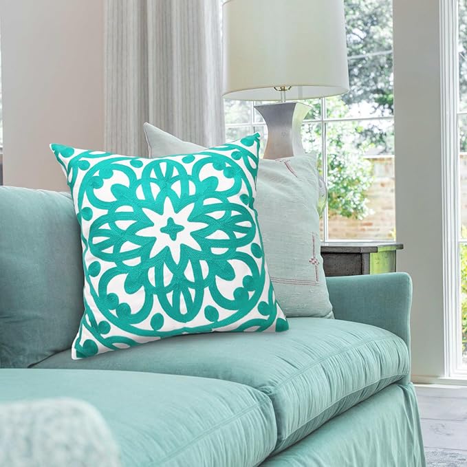 Alysheer Floral Embroidered Fall Decorative Throw Pillow Cover 18"x 18" Set of 2, Boho Mandala Embroidery Turquoise Green Patterned Cushion Case for Sofa Couch Living Room Bedroom Outdoor