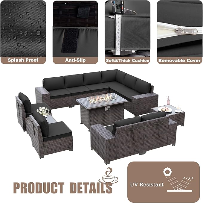 Kurapika 13 Pieces Patio Furniture Set, Rattan Wicker Outdoor Conversation Sets w/43in Propane Fire Pit Table(Black)