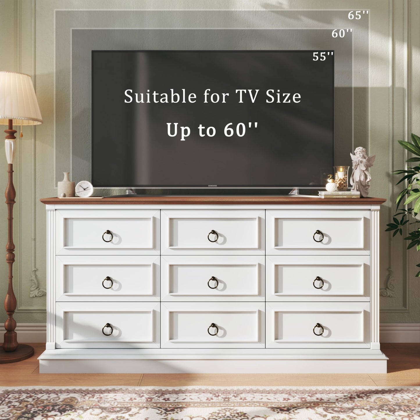 HUAHUU Farmhouse 9 Drawer Dresser for Bedroom, 60" Wide Wood Dresser with Roman Column, Chest of Drawers with Antique Bronze Circle Handles, Storage Organizer for Living Room, Hallway, Entryway, White