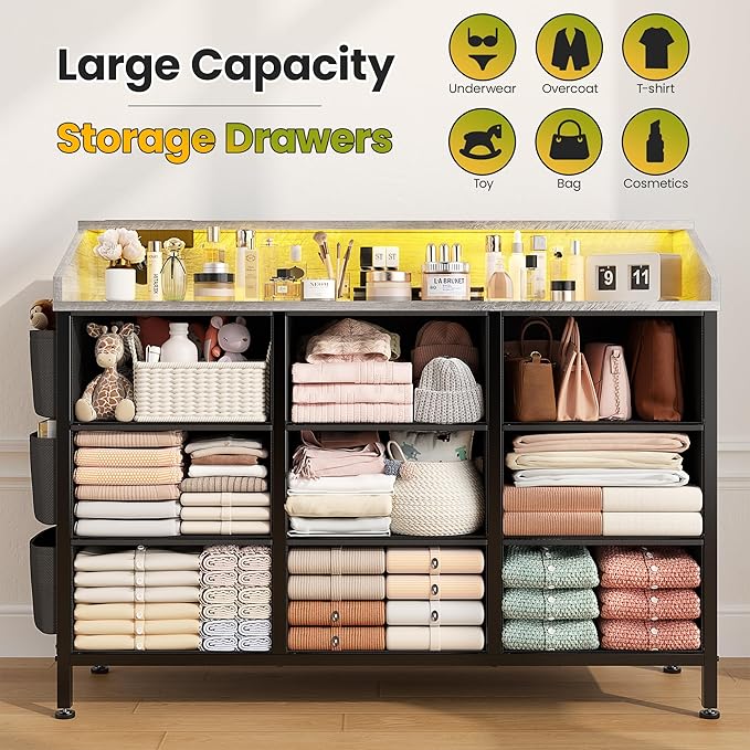 Lulive Dresser TV Stand for Bedroom with 9 Drawers - Chest of Drawers with LED Light & Charging Station - Living Room Hallway Closet Nursery (Grey)