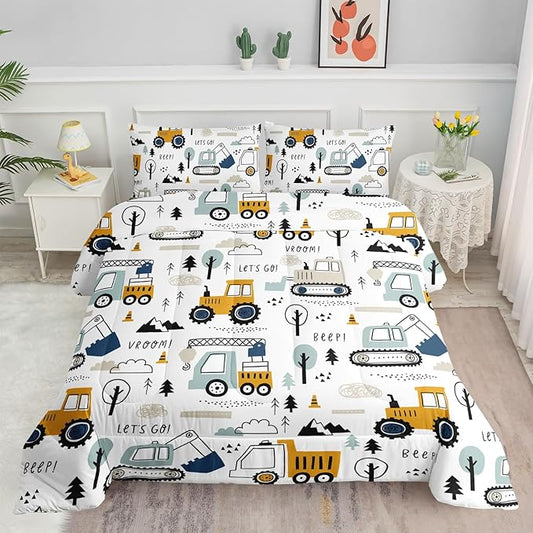 Kids Cartoon Excavator Bedding Comforter Sets for Boy and Girls,Construction Truck Bulldozer Tree Pattern Comforter Set with 2 Pillowcase and 1 Comforter(Excavator Full)