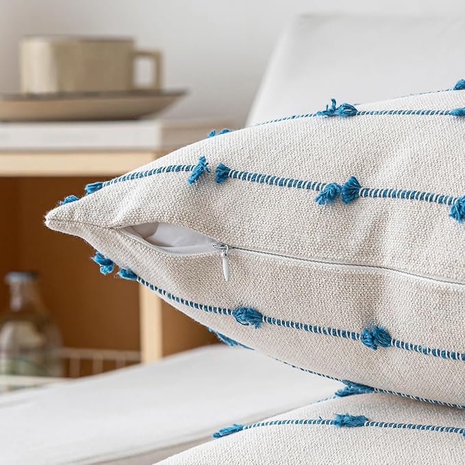 Boho Throw Pillow Covers 24x24 Set of 2 Modern Farmhouse Decorative Cushion Case Tufted Square Pillows Cover Neutral Pillow Cases Accent Pillowcase for Sofa,Couch,Bed,Beige and Blue