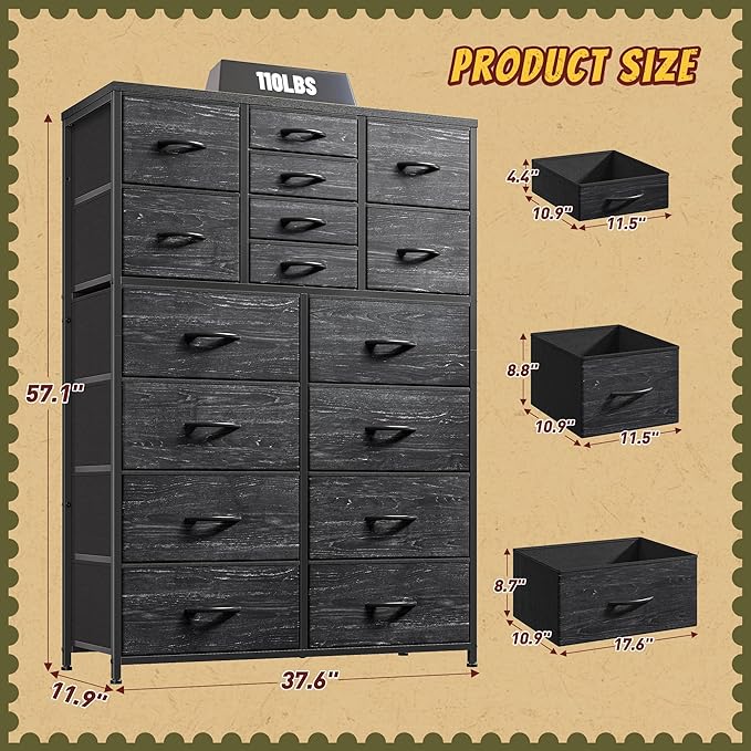 57“H Tall Dresser for Bedroom with 16 Drawers,Fabric Dressers & Chests of Drawers for Closet,Large Black Dresser with Sturdy Metal Frame, Wood Top,Entryway, Hallway