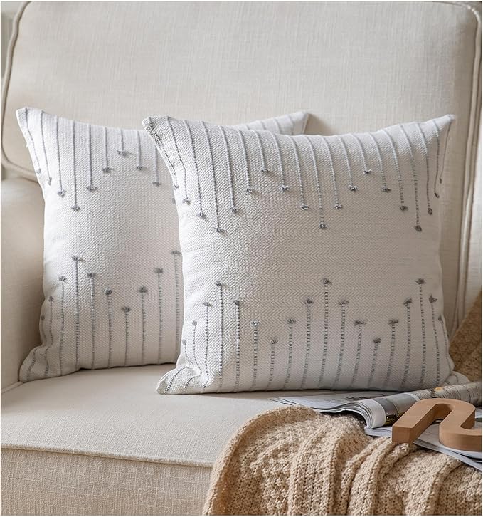 Caflife Boho Throw Pillow Covers 18x18 Set of 2 Decorative Pillows for Bed, Neutral Pillow Covers Beige with Grey Line Throw Pillows for Modern Farmhouse Couch Sofa Living Room Outdoor