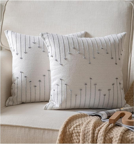 Caflife Boho Throw Pillow Covers 20x20 Set of 2 Decorative Pillows for Bed, Neutral Pillow Covers Beige with Grey Line Throw Pillows for Modern Farmhouse Couch Sofa Living Room Outdoor