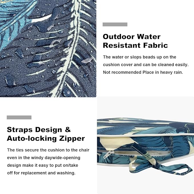 Set of 4 Outdoor Chair Cushions 19"x19"x2",Water Repellent Patio Seat Cushion with Ties and Removable Covers,Dining Chair Cushions for Indoor Kitchen and Patio Furniture,Swaying Palms Blue