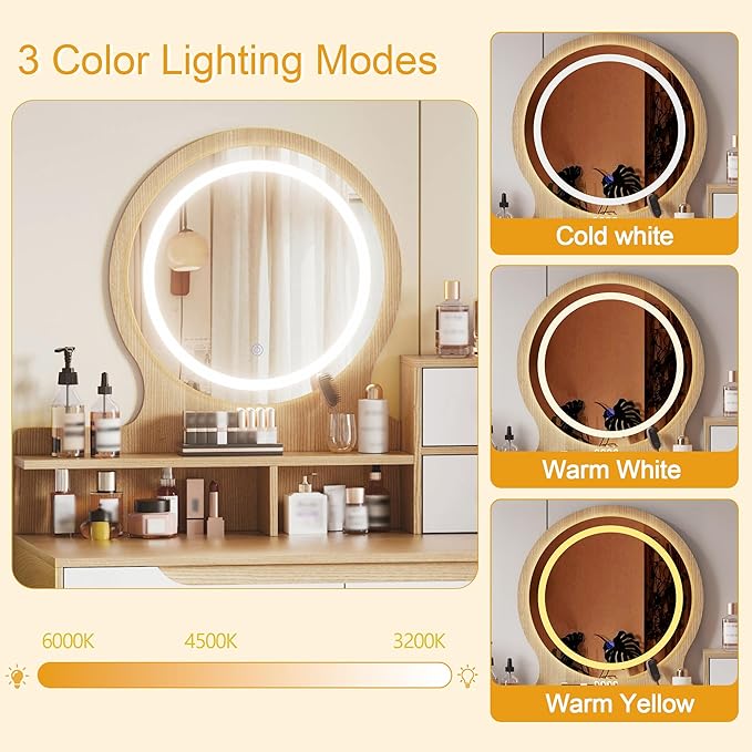 Ball & Cast 31.5" Vanity Desk with 3 Adjustable Lighted Mirror and Solid Wood Table Feet,MakeupDressing Table Set w/ 4 Drawers & 3 Open Shelves, for Small Space Bedroom Office,Nature