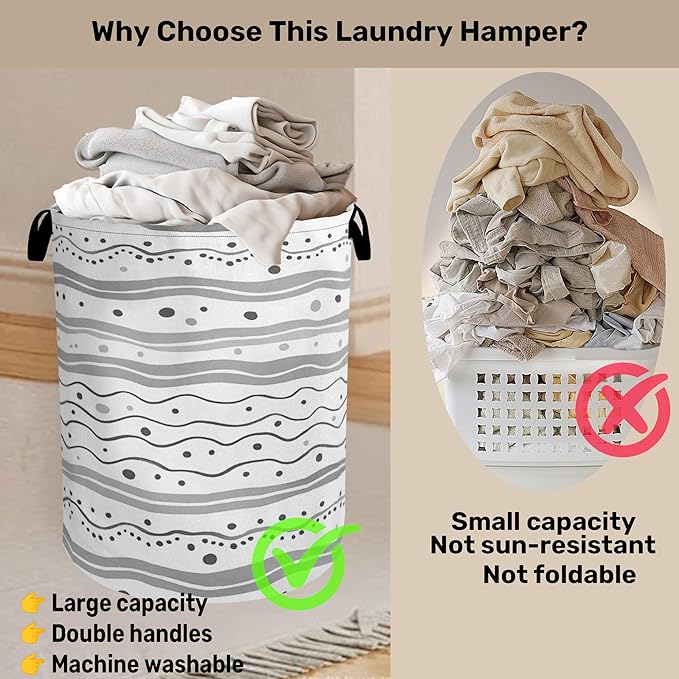 Modern Gray Lines Laundry Basket - Heavy Duty 60L Dirty Clothes Organizer, Water Resistant Foldable Hamper for Men Women