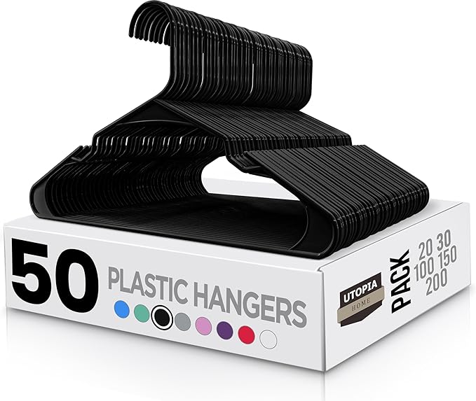 Utopia Home Plastic Hangers 50 Pack - Perfect Space Saving Clothes Hanger - Durable and Strong - Perfect Closet Organizers with Shoulder Grooves (Black)