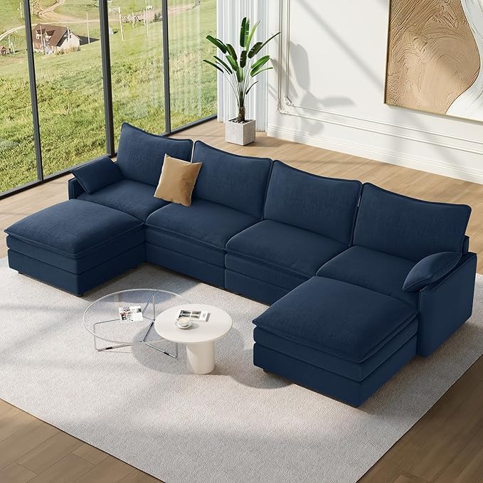 Vesgantti 142" U Shaped Sectional Couch, Comfy Cloud Modular Sectional Sofa with 2 Ottoman Deep Seat Chenille Modern Cloud Sofa, Modular Sofas for Living Room, Bedroom and Apartment, Blue