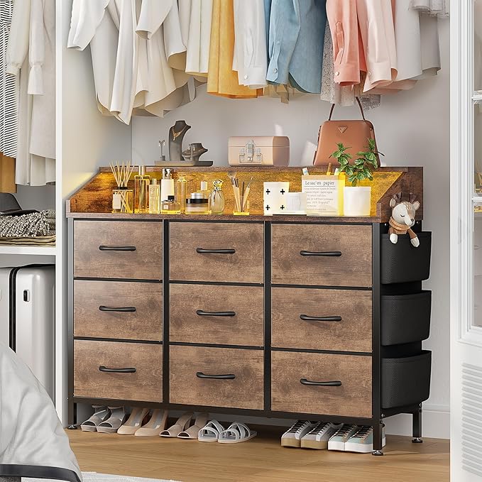 Lulive Brown Dresser for Bedroom 9 Drawers - Fabric Dressers for Bedroom with LED Light & Charging Station