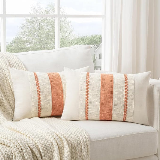 Fancy Homi Set of 2 Boho Coral Long Lumbar Decorative Throw Pillow Cover 12x24 Inch for Couch Bed Sofa Chair, Modern Organic Farmhouse Home Decor, Soft Cotton Cute Accent Rectangle Cushion Case