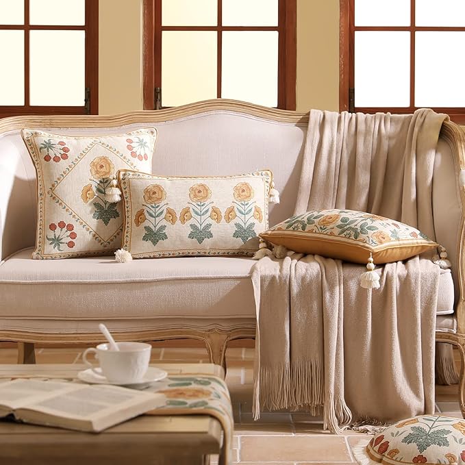 patdrea Designer Throw Pillow Covers for Couch 12"x20",Vintage French Soft Linen Pillows Cover with Beige Daisy Floral Pattern,Farmhouse Decorative Cushion for Bed,Living Room,Outdoor,Set of 2