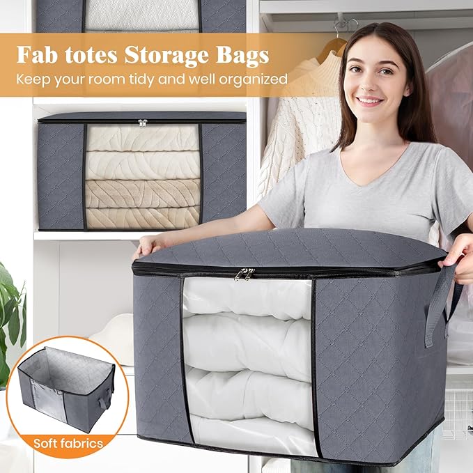 Fab totes 90L Clothes Storage, Foldable Thick Fabric Blanket Storage Bags, Containers for Organizing Bedroom, Closet, Clothing, Comforter, Organization with Handle (4 Pack,Grey)