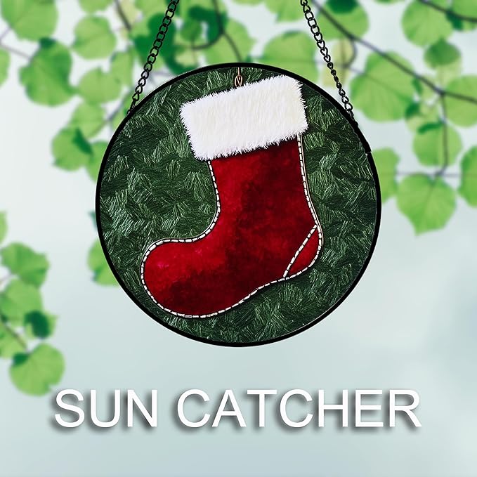 Stained Glass Window Hanging 4 Pcs Set Red Christmas Stockings and Gingerbread 7.8" - Suncatcher Door Garden Sun Catcher Decor Birthday Mother's Day Xmas Gifts for Mom Woman Nana Men
