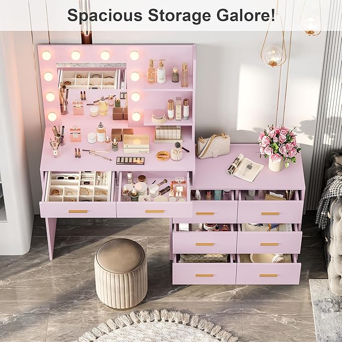 GarveeHome 61" Make up Vanity Desk with Mirror and Lights, Pink Vanity with 8 Wide Storage Drawers & 2 Tier Shelves, 3 Lighting Modes with Adjustable Brightness for Bedroom
