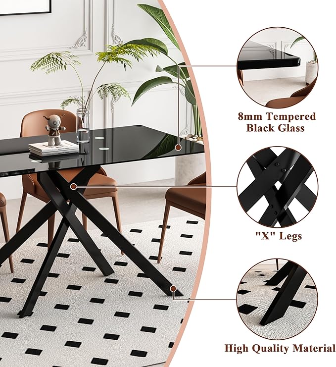 Goujxcy Modern Glass Dining Table Set for 4, Black Glass Kitchen Table and Chairs Set, 5 Piece Dining Room Table Set with 51" Rectangle Dinner Table and 4 Black Leather Dining Chairs