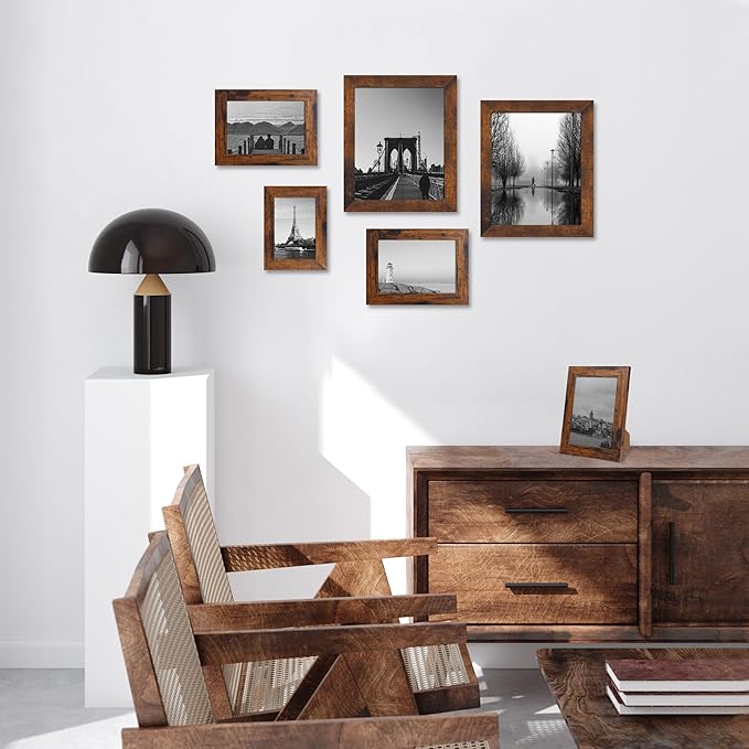 8x10 Picture Frame Set of 4, High Definition Glass 8 x 10 Frame, Wood Rustic Photo Frames for Horizontal or Vertical Display Tabletop and Wall Mounting, Dark Brown