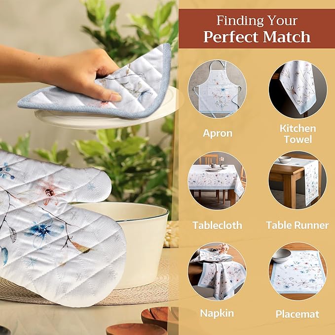 Maison d' Hermine 100% Cotton Oven Mitt & Pot Holder Set (7.5"x13" & 8"x8") Heat Resistant BBQ Cooking Gloves with Loop for Thanksgiving Christmas Decorations Handling Hot Pans (Ice Florals)