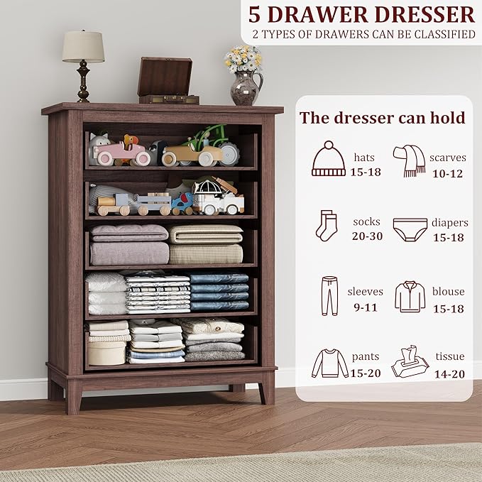 GarveeHome 5 Dresser for Bedroom, 41.3" Tall Vertical Drawer Dresser with Large Storage, Freestanding Wooden Closet Chest for Bedroom, Living Room, Walunt
