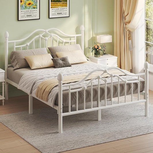 Queen Size Bed Frame, Metal Platform Bed with Victorian Headboard and Footboard, Strong Metal Slats Support, Mattress Foundation No Box Spring Needed, Easy Assembly, Noise Free, White