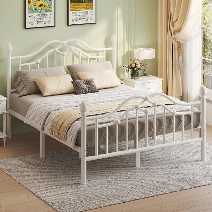 Full Metal Platform Bed Frame, Bed Frame with Victorian Headboard and Footboard, Strong Metal Slats Support, Mattress Foundation No Box Spring Needed, Easy Assembly, Noise Free, White