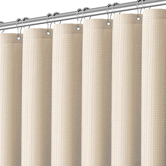 Beige Fabric Shower Curtain - Waffle Textured Heavy Duty Shower Curtains for Bathroom, 256GSM Hotel Spa Luxury Weighted Bath Curtain with 12 Hooks, 72x90, Beige