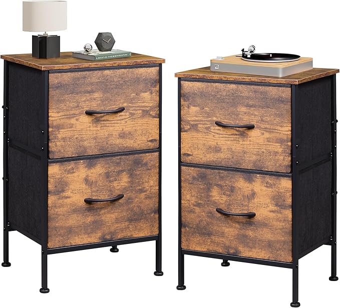 WLIVE Night Stand Set 2, Dresser and Nightstand Sets, Nightstands with 2 Fabric Drawers, End Tables for Bedroom, Bedside Furniture, College Dorm, Rustic Brown Wood Grain Print, Size L