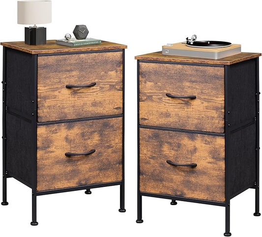 WLIVE Night Stand Set 2, Dresser and Nightstand Sets, Nightstands with 2 Fabric Drawers, End Tables for Bedroom, Bedside Furniture, College Dorm, Rustic Brown Wood Grain Print, Size L