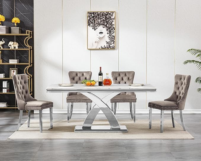 Modern White Marble Dining Table Set for 4,5-Piece Kitchen Table and Chairs for 4,Luxury Silver Dining Room Table Set w/68" Rectangle Dinner Table & 4 Grey Velvet Chairs for Kitchen Dining Room