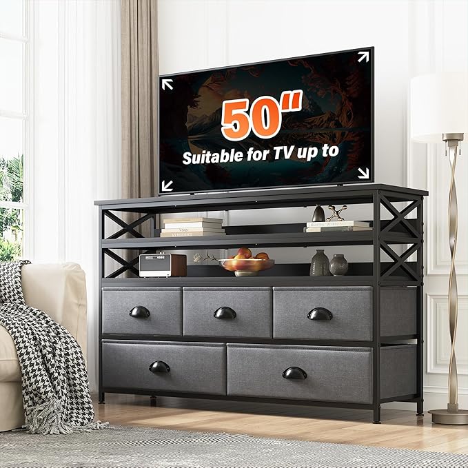 Dresser TV Stand for 50" TV, Sturdy Dresser for Bedroom with 5 Fabric Drawers and 3 Wood Open Shelves, Chest of Drawers Storage Dressers for Entryway, Closet, Grey, 11.8" D x 39.4" W x 38.4" H