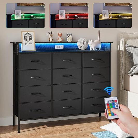 ELYKEN 50”W Black Dresser for Bedroom, Tall Dresser with 12 Drawers and Charging Station, Fabric Chest of Drawers with PU Finish Storage Drawers for Entryway Closet Living Room Hallway