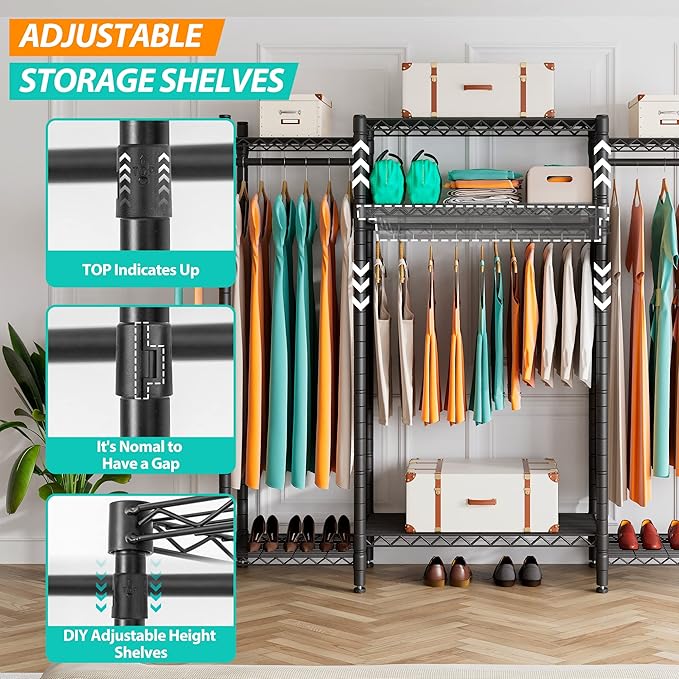 PUNION Heavy Duty L Shaped Clothes Rack with 7 Shelves, Sturdy Metal Wardrobe Closet Rack for Hanging Clothes, 56" L x 14" W x 71" H, Max Load 520lbs, Black