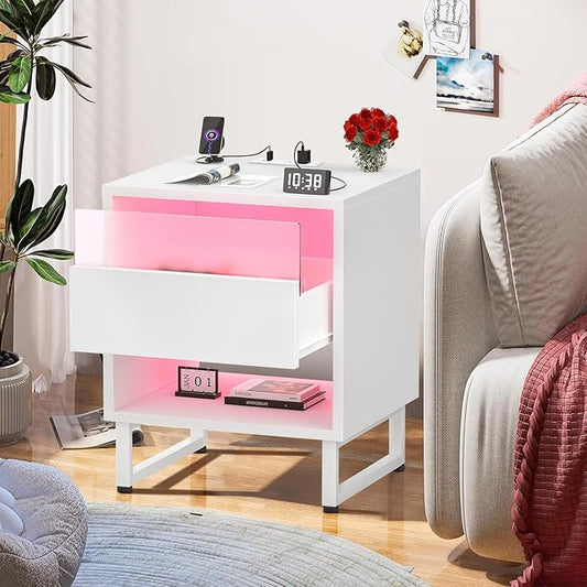 White Nightstand with LED Lighting & Outlet & Drawer Light Modern Bedside Table with Charging Station, Drawer and Shelf for Bedroom Dorm Room Decor 18.89x15.74x21.25