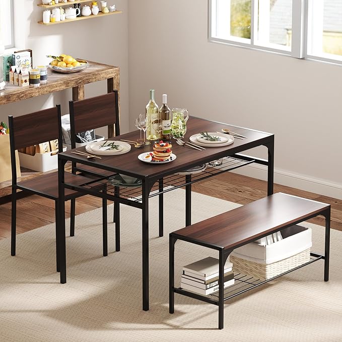 Tangkula Dining Table Set for 4, Kitchen Table and 2 Chairs for 4 with Bench, Additonal Storage Rack, 4 Piece Dining Table Set for Small Space, Apartment