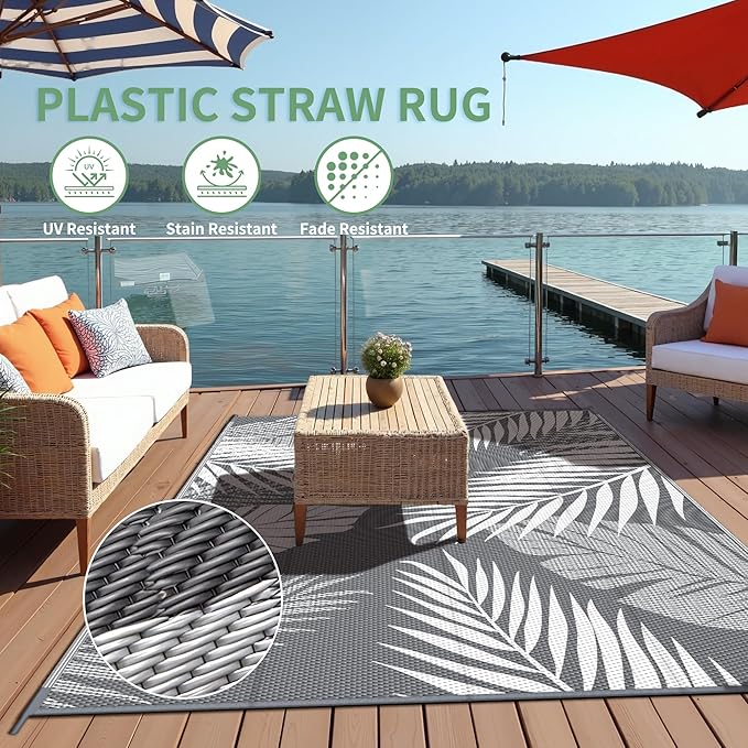 Outdoor Rug 8’x10’ Waterproof for Patio Clearance, Reversible Indoor Outdoor Plastic Straw Camping Rug Carpet, RV Mat, Large Area Rug for Deck, Backyard, Balcony, Porch, Beach, Grey & White