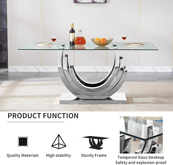 7 Piece Dining Table Set with 6 Grey Dining Chairs, Modern Glass Kitchen Table and Chairs Set for 6, 70" Rectangle Silver Glass Pedestal Dining Room Tables with Ring-Shape Stainless Steel Base