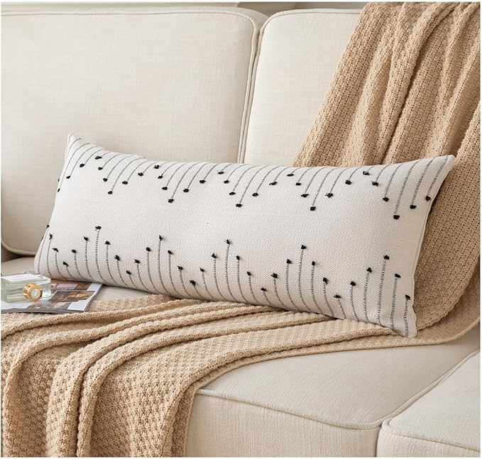 Caflife Boho Lumbar Pillow Cover 14x36 Long Pack of 1 Decorative Pillows Bed, Beige with Black Body Throw Pillow Covers, for Modern Farmhouse Sofa Bedroom Living Room Home Decor Couch Pillowcase