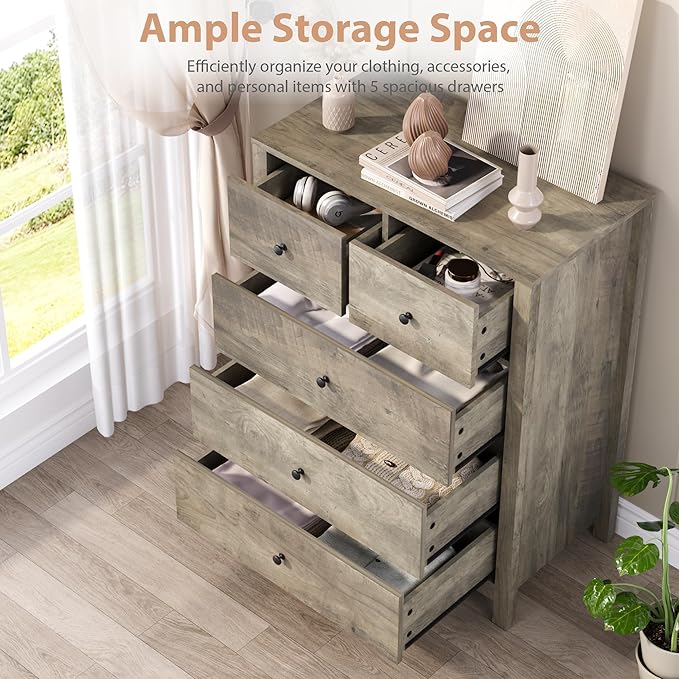 GarveeHome Grey 5 Drawer Dresser for Bedroom, Modern Tall Dresser Organizer with Storage Drawers, Wooden Chests of Drawers for Bedroom, Entryway, Hallway, Home Office
