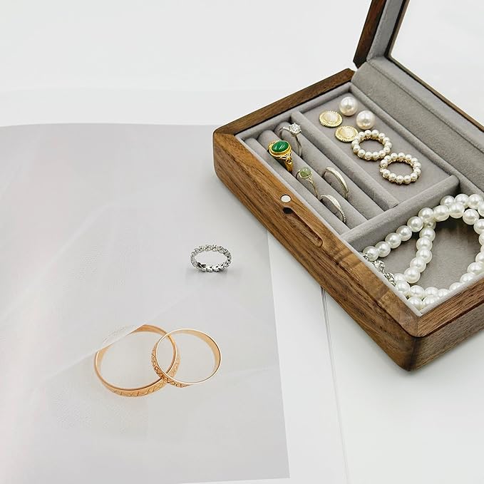 Walnut Jewelry Storage Box with Glass Lid, Multi-Functional Wooden Jewelry Organizer, Soft Velvet Interior, Natural Wood Craft Display Box for Rings, Earrings, Necklaces, Valentine’s Day Gift