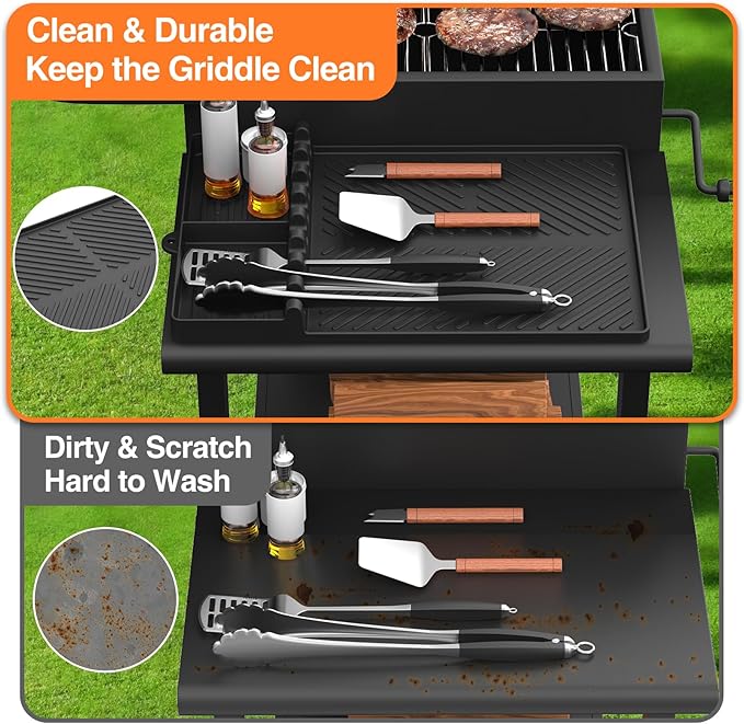 Silicone Griddle Tools Mat for Blackstone, Griddle Accessories Side Shelf Mat Grill Pad for Outdoor Grill Kitchen Counter Spatula Silicone Mat with Drip Pad (Black)