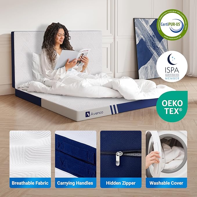 Avenco Folding Mattress Single, Trifold Mattress 4 Inch Memory Foam for Guest Room/Caravan/Camping/Travel, Portable with Removable Cover & Non-Slip Bottom